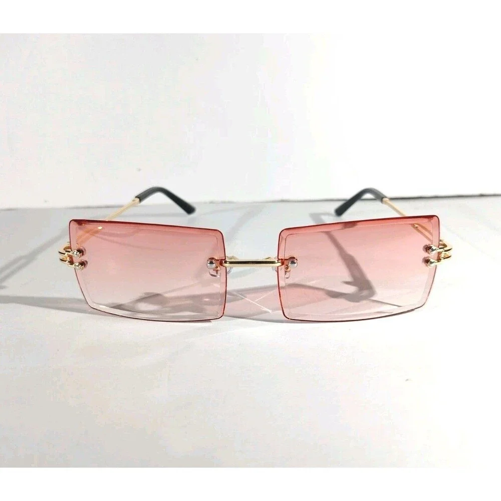 Rimless Square Sunglasses Pink Tint Unisex Metal Frame